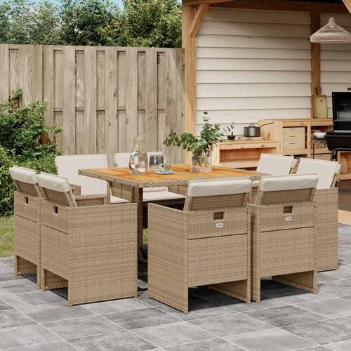 Spisebordssæt til haven 9 dele med hynder polyrattan beige