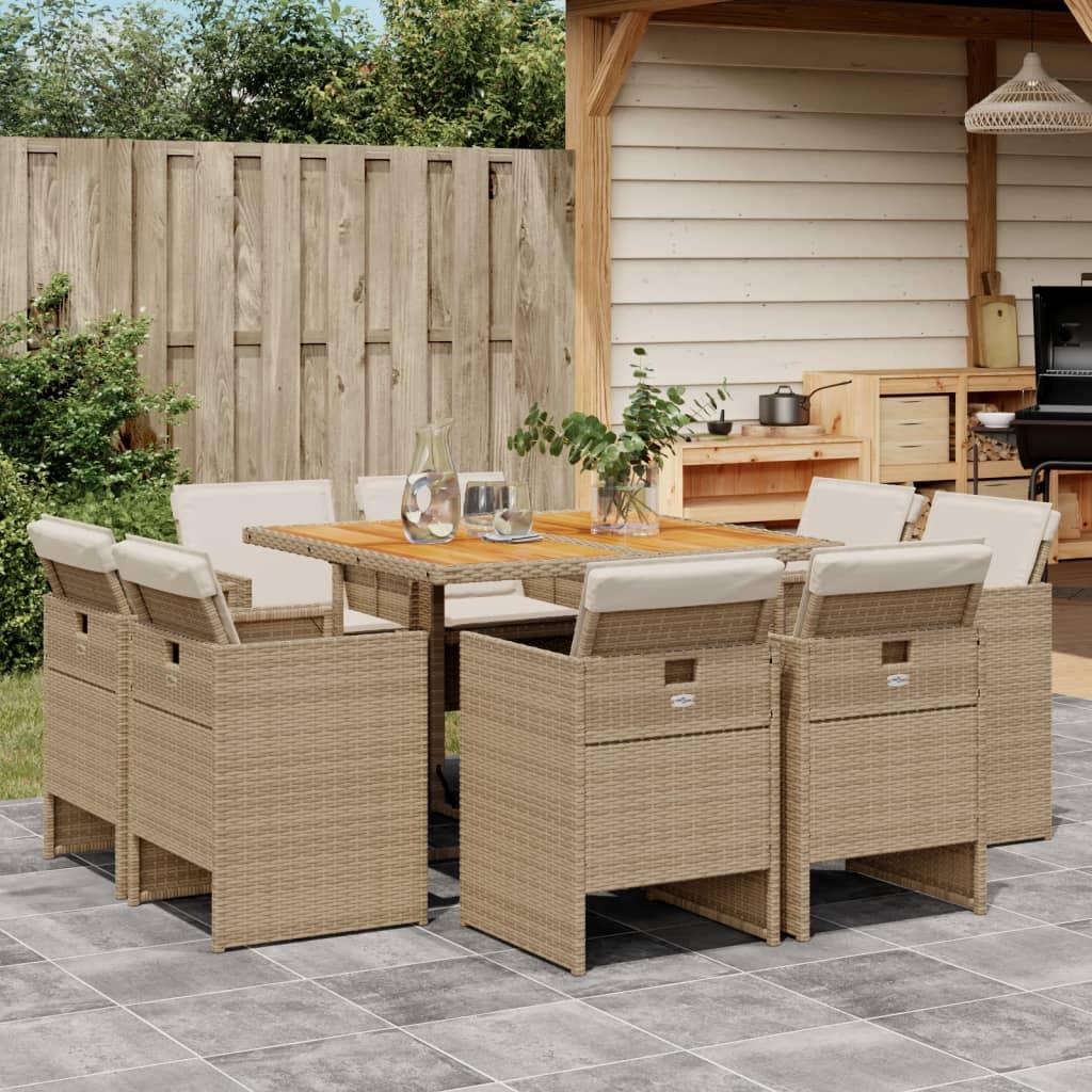 Spisebordssæt til haven 9 dele med hynder polyrattan beige