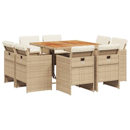 Spisebordssæt til haven 9 dele med hynder polyrattan beige