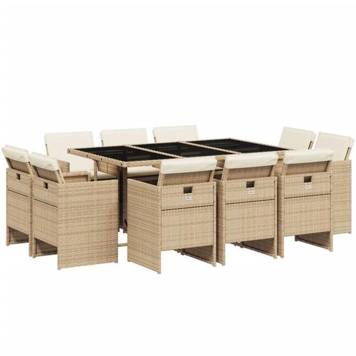 Spisebordssæt til haven 11 dele med hynder polyrattan beige