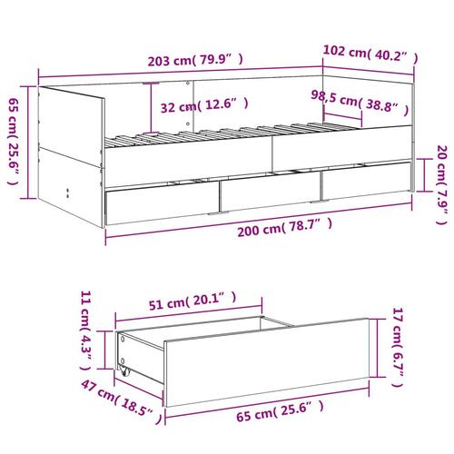 Daybed med skuffer uden madras 100x200 cm betongrå