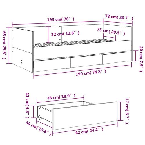 Daybed med skuffer 75x190 cm konstrueret træ grå sonoma-eg