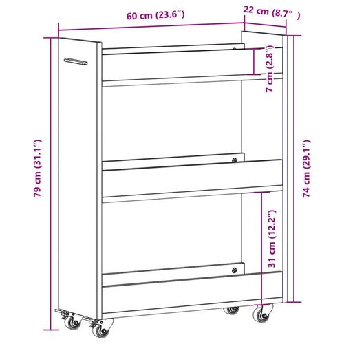 Skab med hjul 60x22x79 cm konstrueret træ hvid
