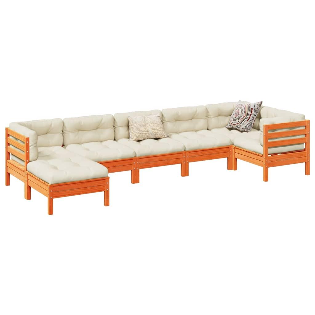 Sofasæt til haven 7 dele med hynder massivt fyr gyldenbrun