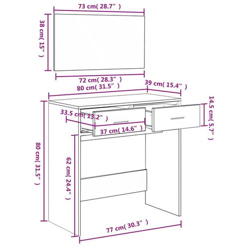 Makeupbord med spejl 80x39x80 cm hvid