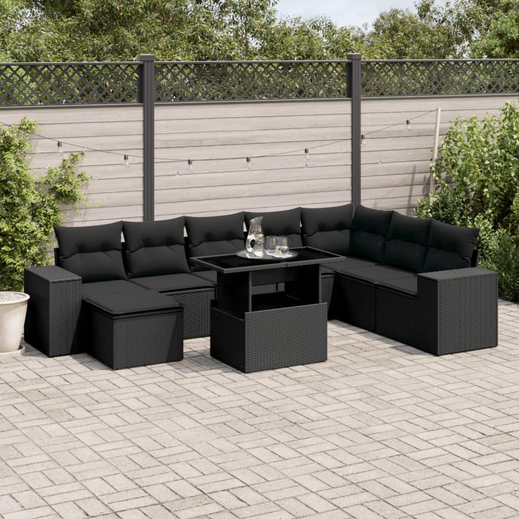 Sofasæt til haven i polyrattan - 9 dele med hynder, sort