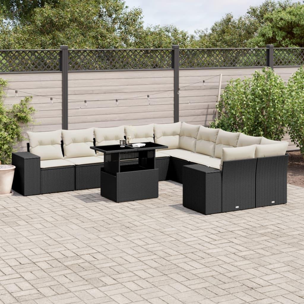 Havesofasæt i polyrattan - 11 dele med hynder, sort