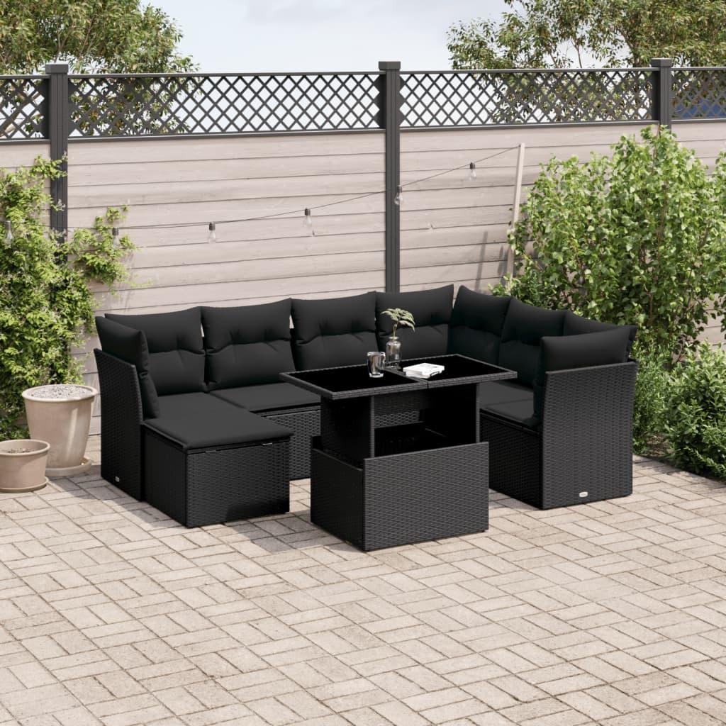 Sofasæt til haven i polyrattan - 8 dele med hynder, sort