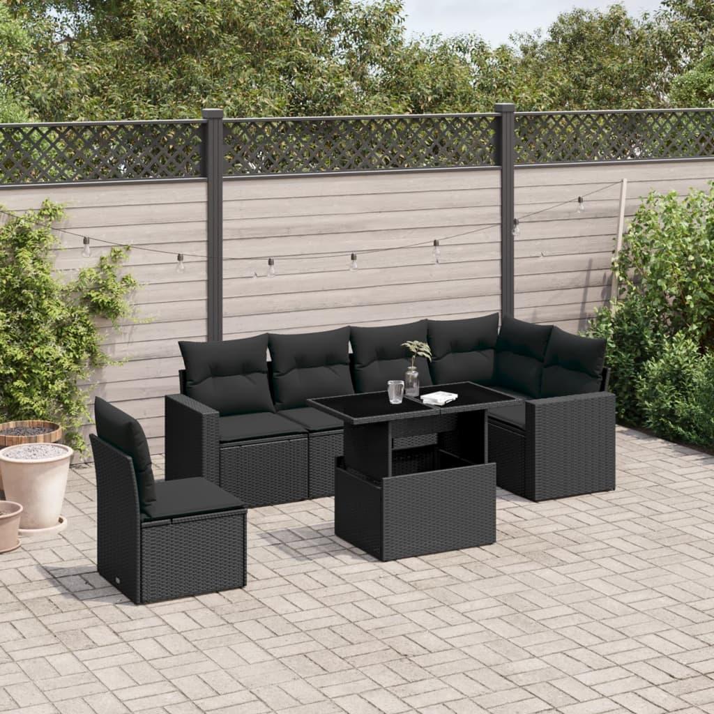 Sofasæt til haven - 7 dele med hynder i polyrattan, sort billede
