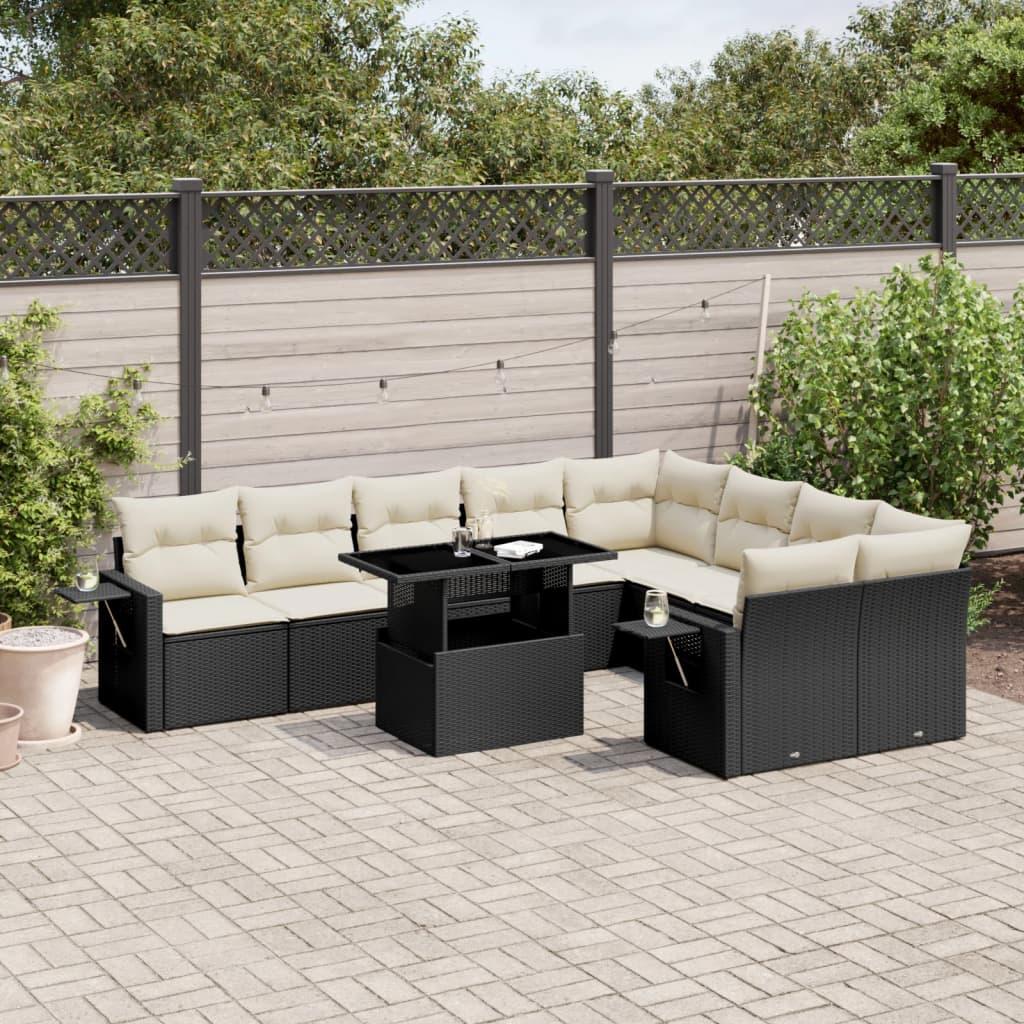 Havesofasæt i polyrattan - 10 dele med hynder, sort