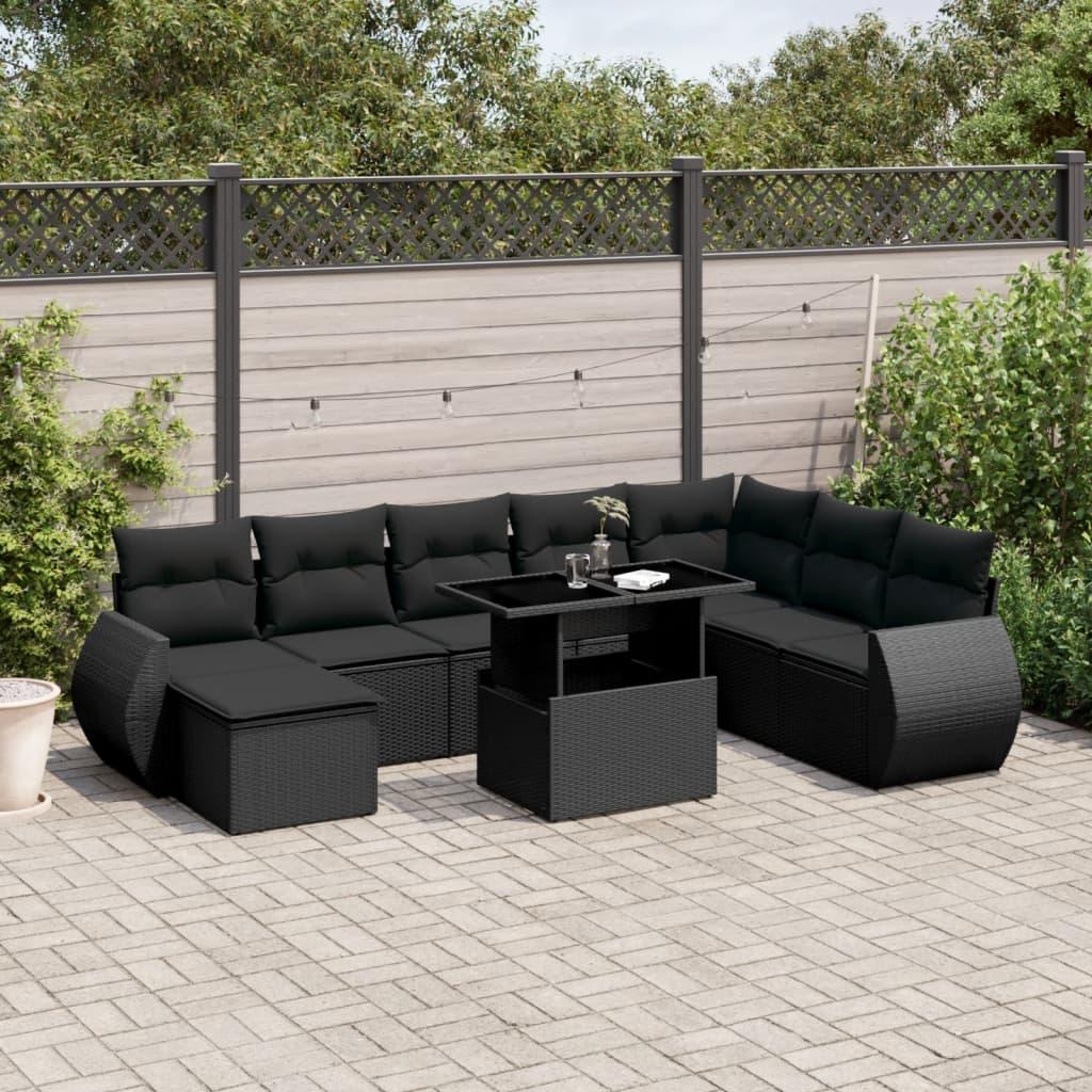 Havesofasæt i polyrattan - 9 dele med hynder, sort