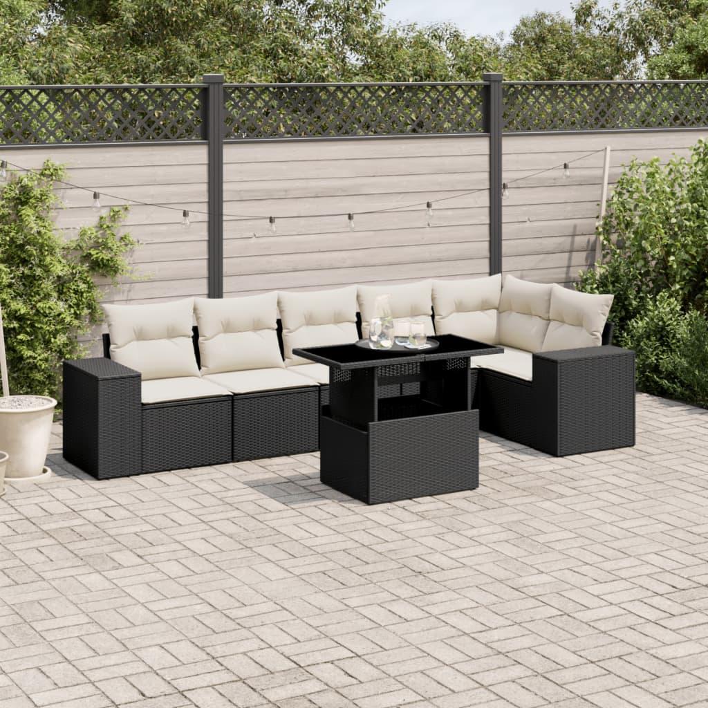 Havesofasæt i polyrattan - 7 dele med hynder, sort