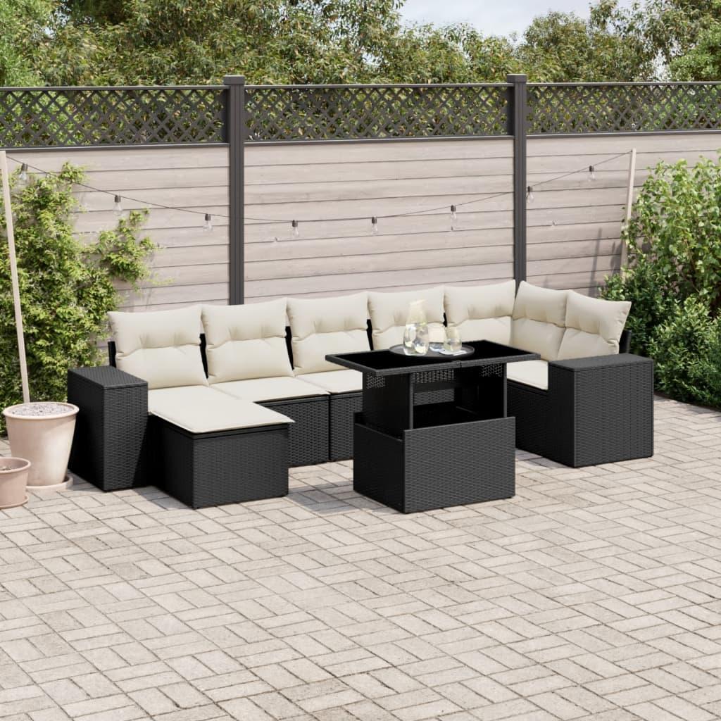 Havesofasæt i polyrattan - 8 dele med hynder, sort