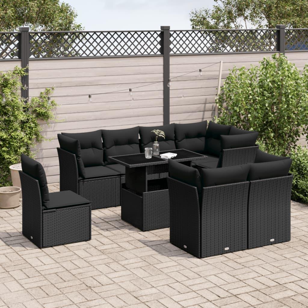 Havesofasæt i polyrattan - 9 dele med hynder, sort
