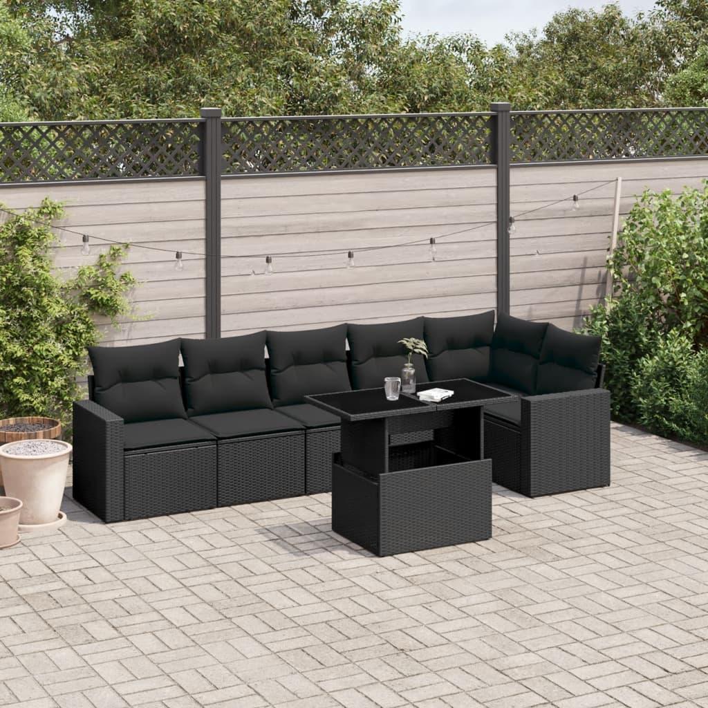 Havesofasæt i polyrattan - 7 dele med hynder, sort billede