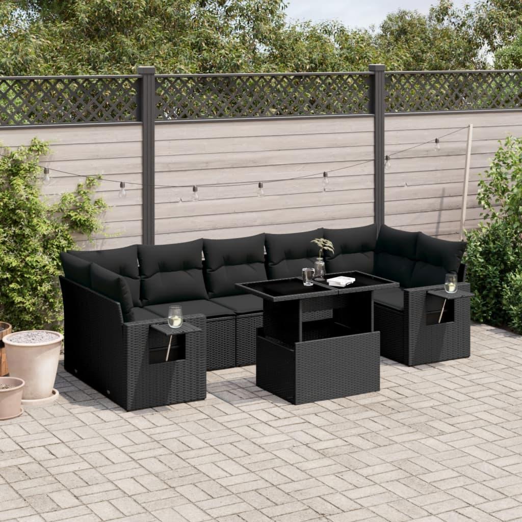 Havesofasæt i polyrattan - 8 dele med hynder, sort