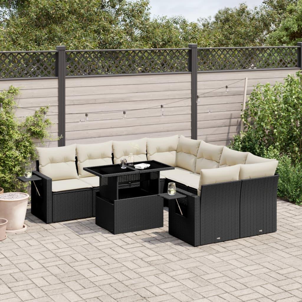 Havesofasæt i polyrattan - 9 dele med hynder, sort