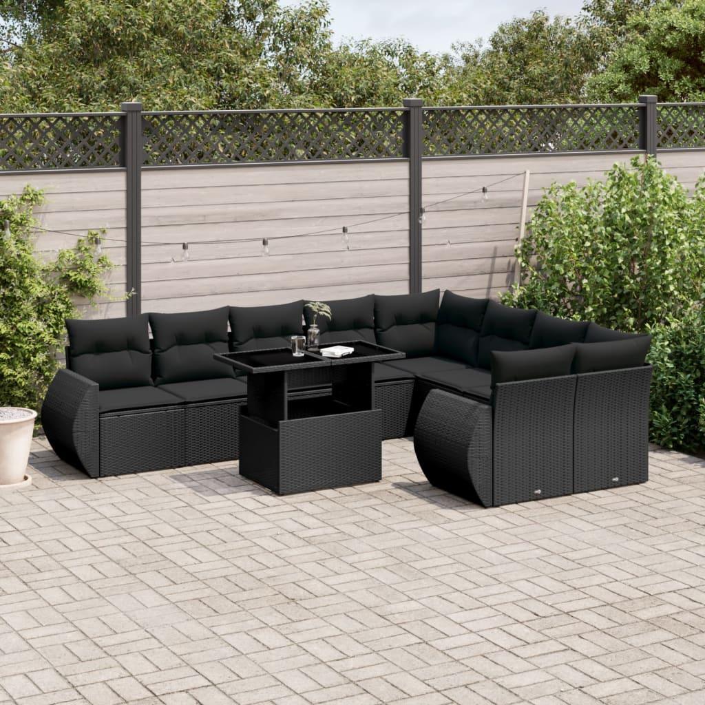 Havesofasæt 10 dele med hynder i polyrattan sort billede