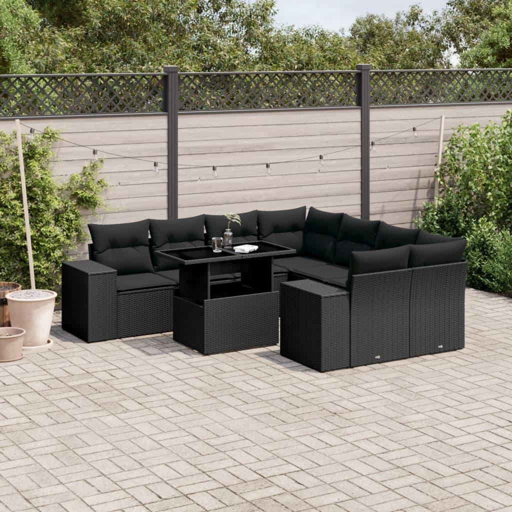 Havesofasæt i polyrattan - 9 dele med hynder, sort