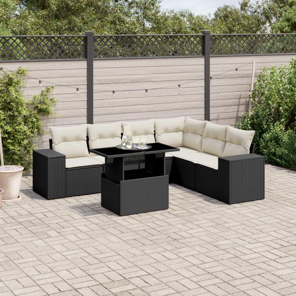 Havesofasæt i polyrattan - 7 dele med hynder, sort