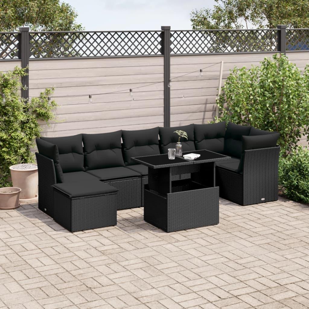 Havesofasæt i polyrattan - 8 dele med hynder, sort
