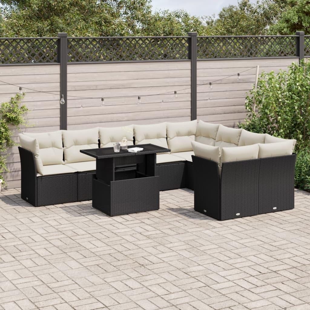 Havesofasæt i polyrattan - 10 dele med hynder, sort