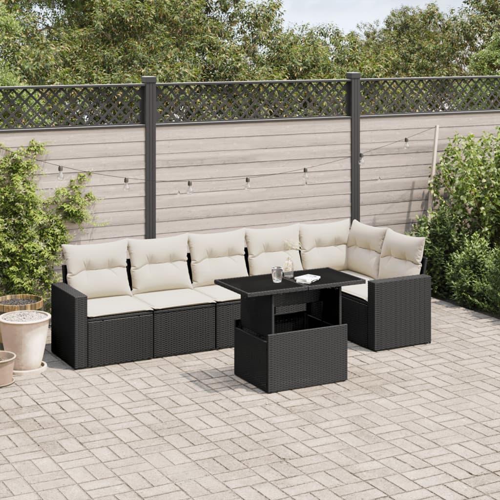 Sofasæt til haven i polyrattan - 7 dele med hynder, sort