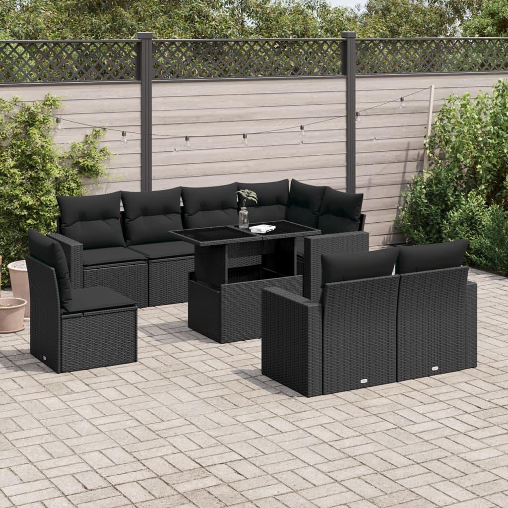 Havesofasæt i polyrattan - 9 dele med hynder, sort