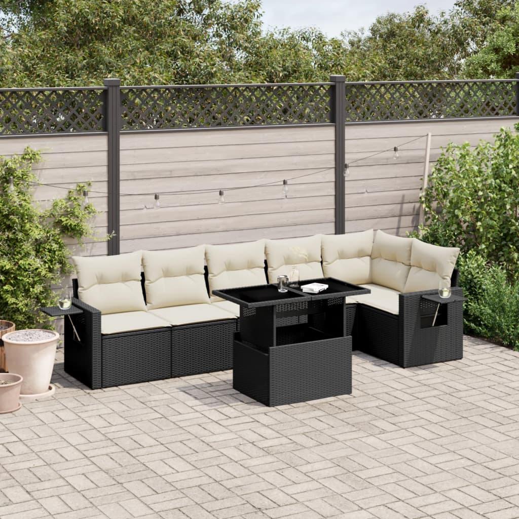 Havesofasæt i polyrattan - 7 dele med hynder, sort