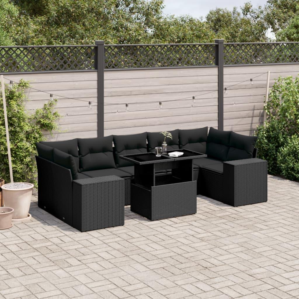 Sofasæt til haven i polyrattan - 8 dele med hynder, sort