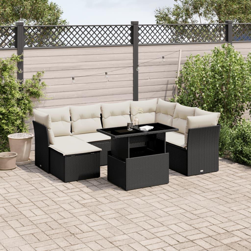 Havesofasæt i polyrattan - 8 dele med hynder, sort
