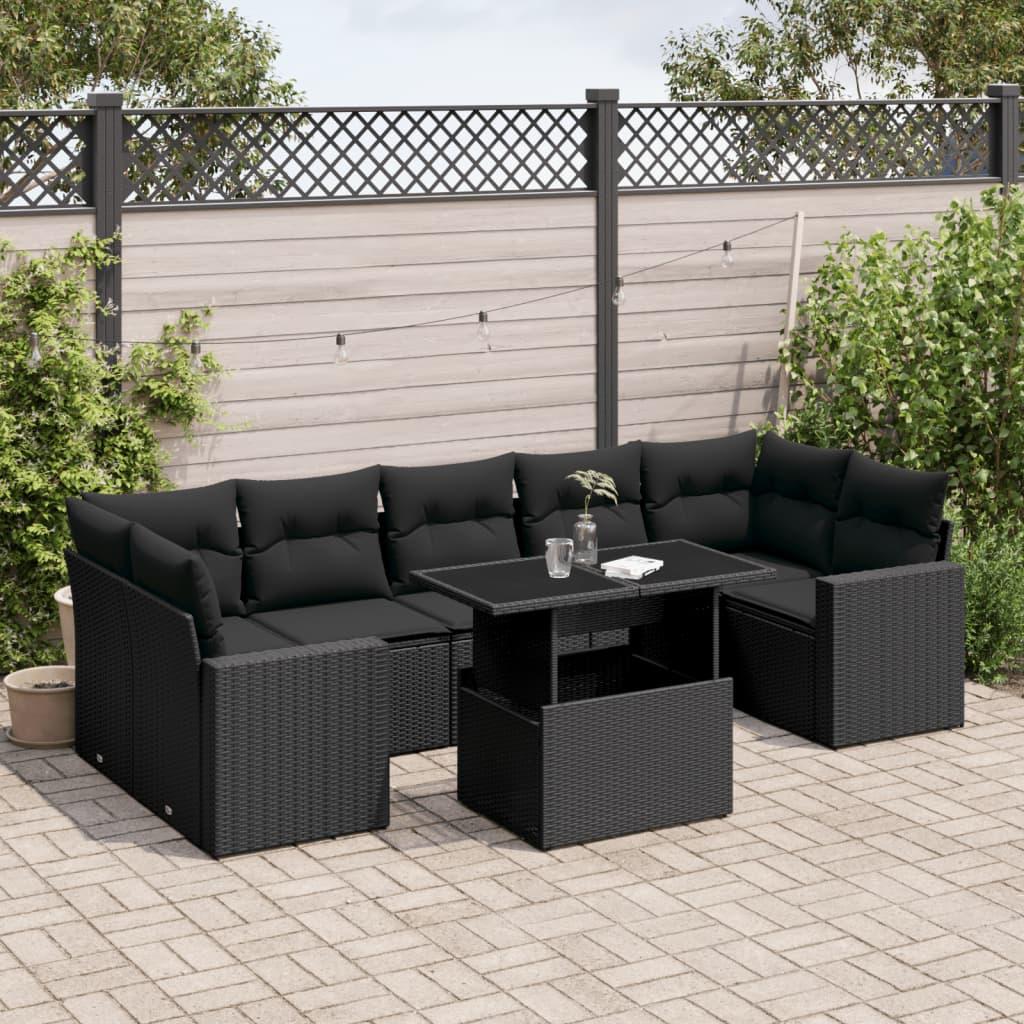 Sofasæt til haven i polyrattan - 8 dele med hynder, sort