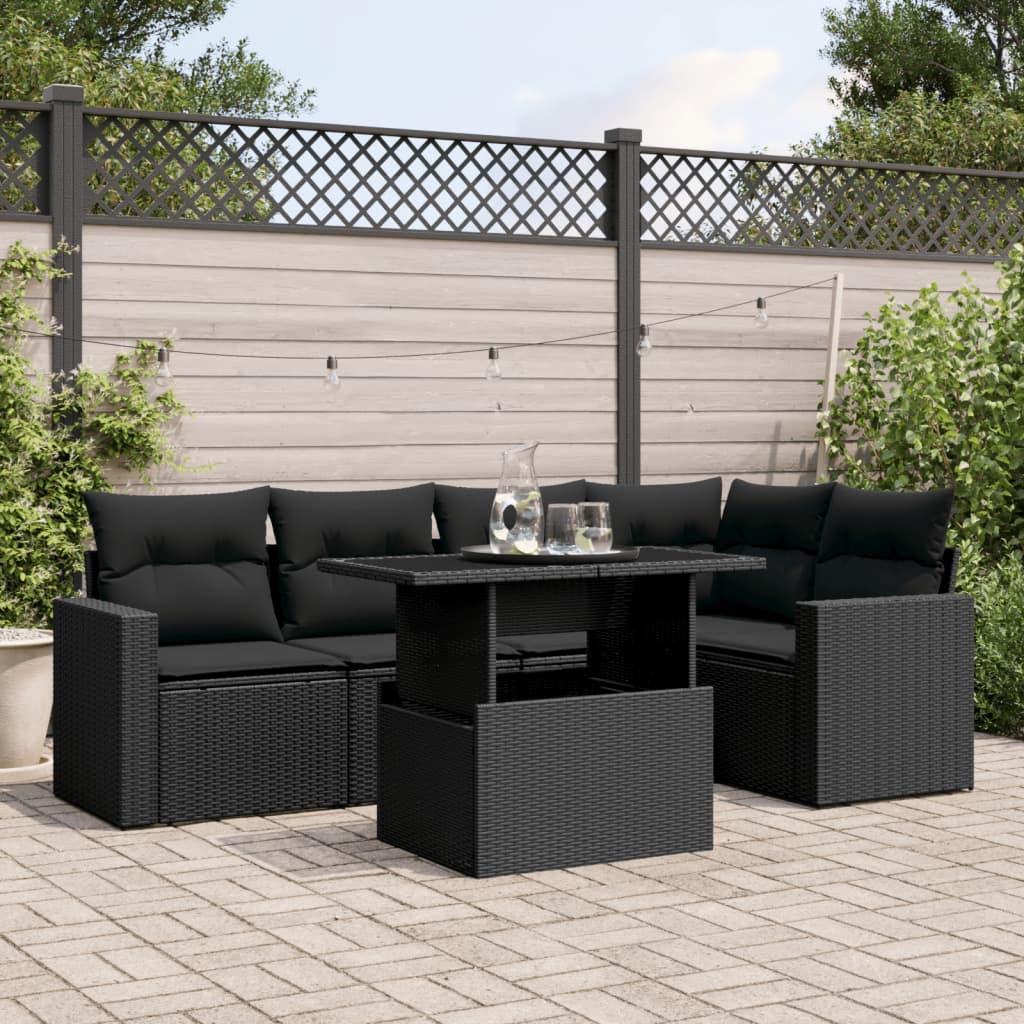 Havesofasæt 6 dele med hynder i polyrattan sort