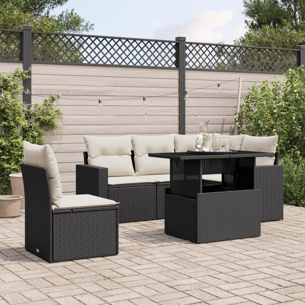 Sofasæt til haven 6 dele med hynder og løftebord i polyrattan - sort