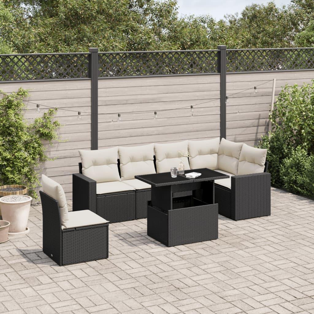 Havesofasæt i polyrattan - 7 dele med hynder, sort
