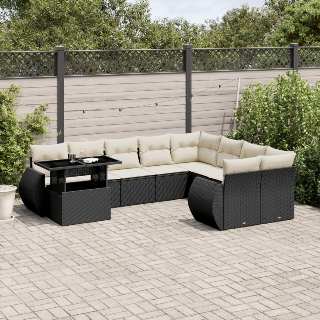 Havesofasæt i polyrattan - 10 dele med hynder, sort
