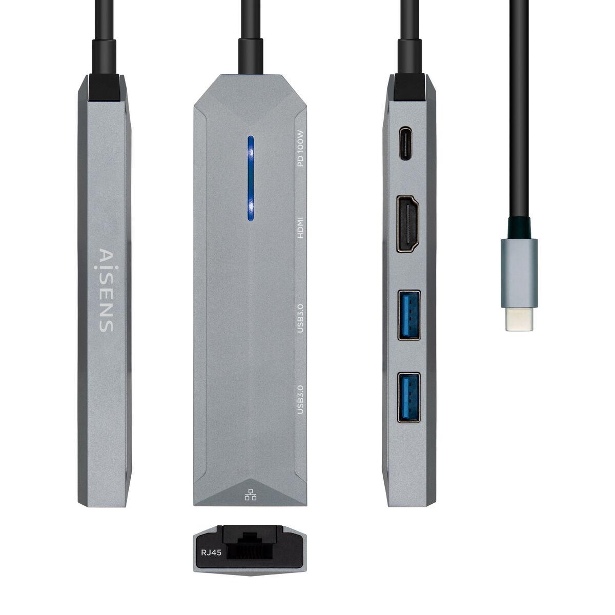 Aisens USB‑C hub 5‑i‑1, grå - 100 W PD, 4K HDMI, RJ45