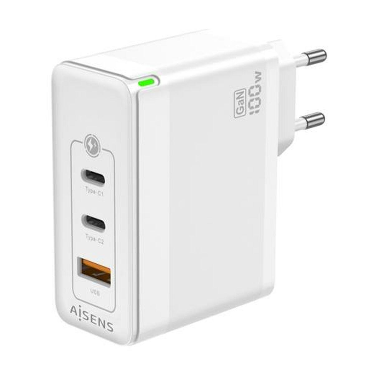 Vægoplader Aisens 100 W GaN - Hvid, 3 porte (USB-C x2 + USB-A)