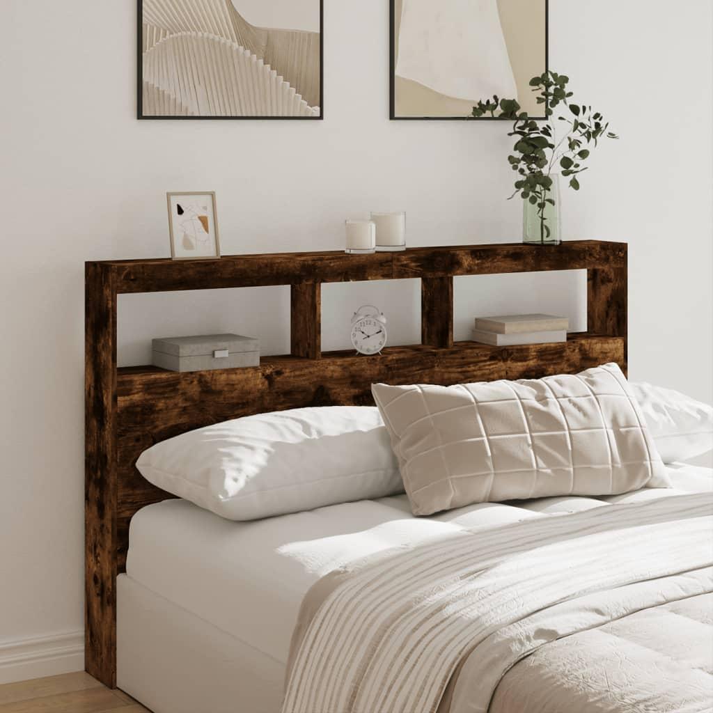 Sengegavl med opbevaring og LED-lys 160x17x102 cm røget eg