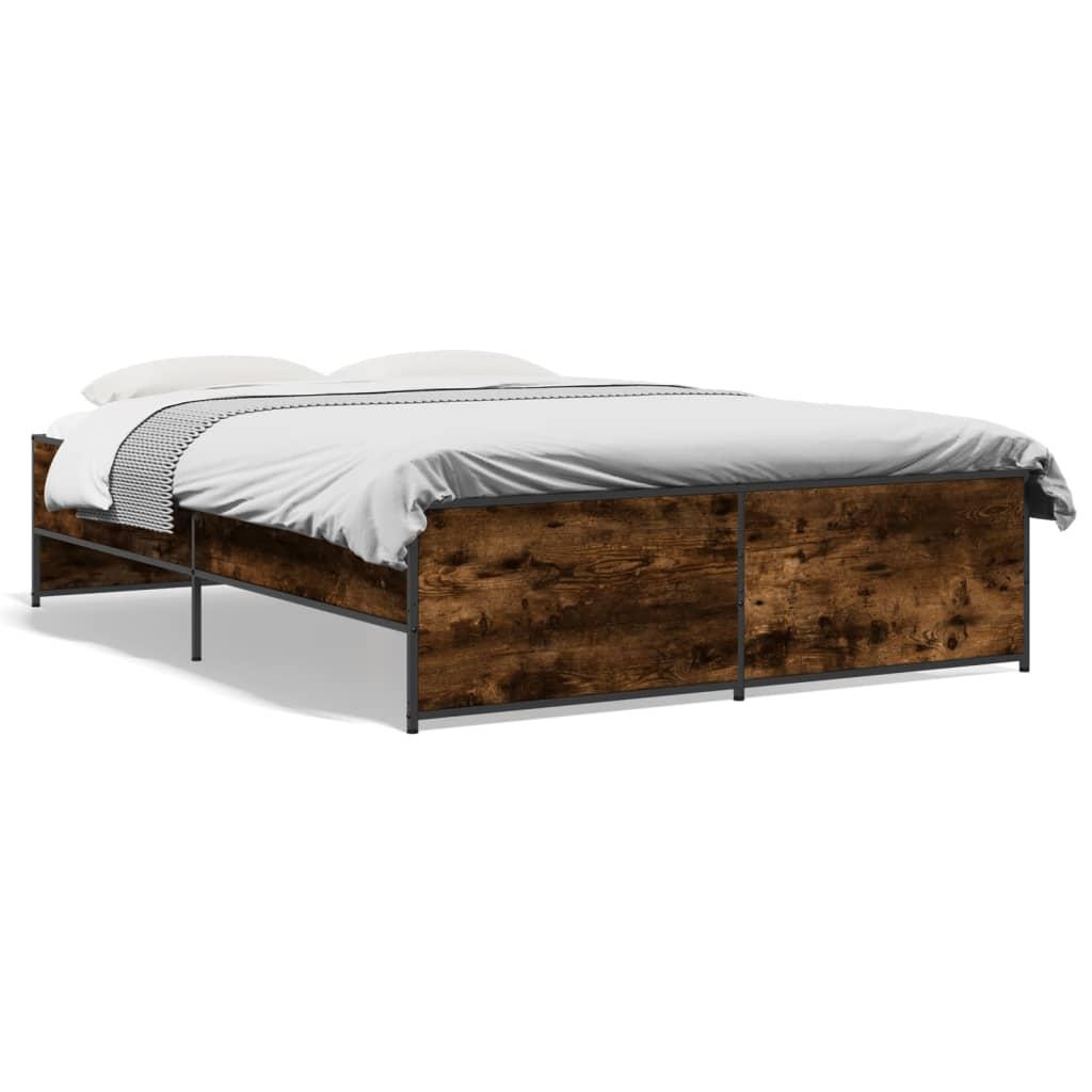Sengestel 135x190cm konstrueret træ og metal røget egetræsfarve