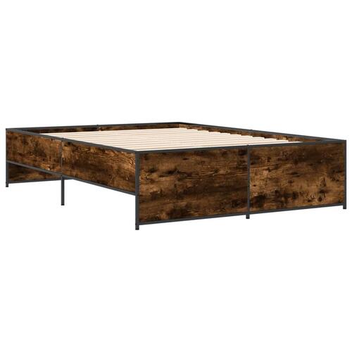 Sengestel 135x190cm konstrueret træ og metal røget egetræsfarve