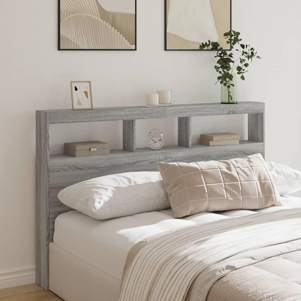 Sengegavl med opbevaring og LED-lys 160x17x102 cm grå sonoma-eg billede