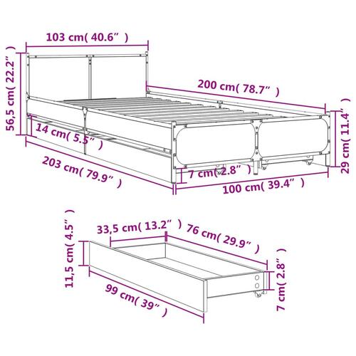 Sengeramme med skuffer 100x200 cm konstrueret træ brunt egetræ