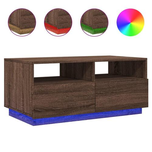 Sofabord med LED-lys 90x49x40 cm brun egetræsfarve