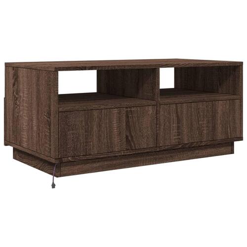 Sofabord med LED-lys 90x49x40 cm brun egetræsfarve