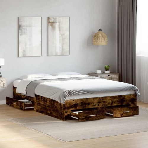 Sengeramme med 4 skuffer 140 x 190 cm - røget egetræ
