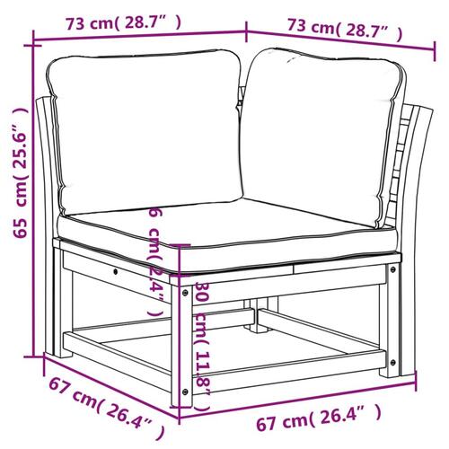 Hjørnemodul til sofa 73x73x65 cm med hynder massivt akacietræ
