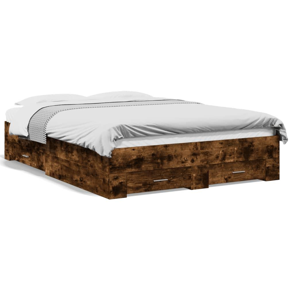 Sengeramme med skuffer 135x190 cm konstrueret træ røget eg billede