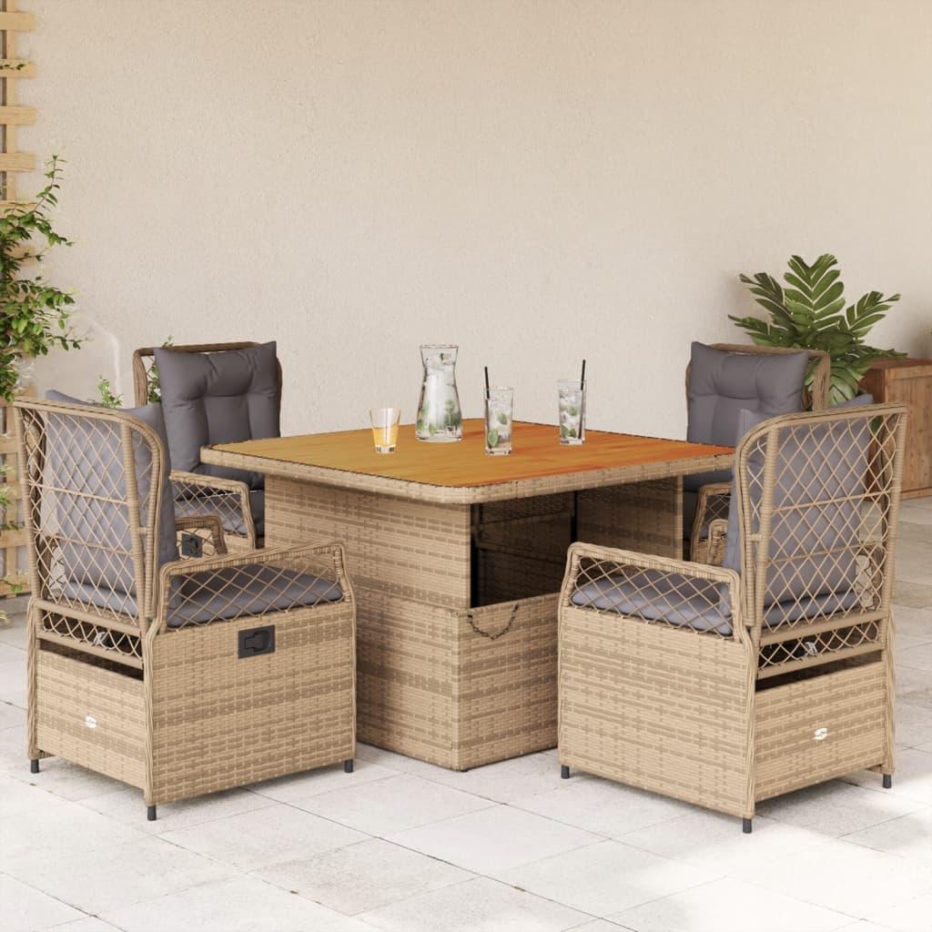 Spisebordssæt til haven 5 dele med hynder polyrattan beige