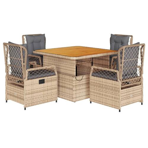 Spisebordssæt til haven 5 dele med hynder polyrattan beige